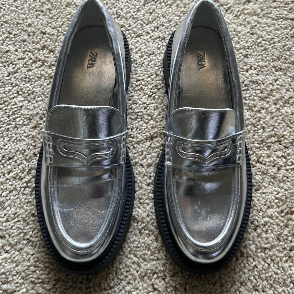ZARA Metallic Silver Lug Sole Loafers 7.5 - Picture 6 of 11